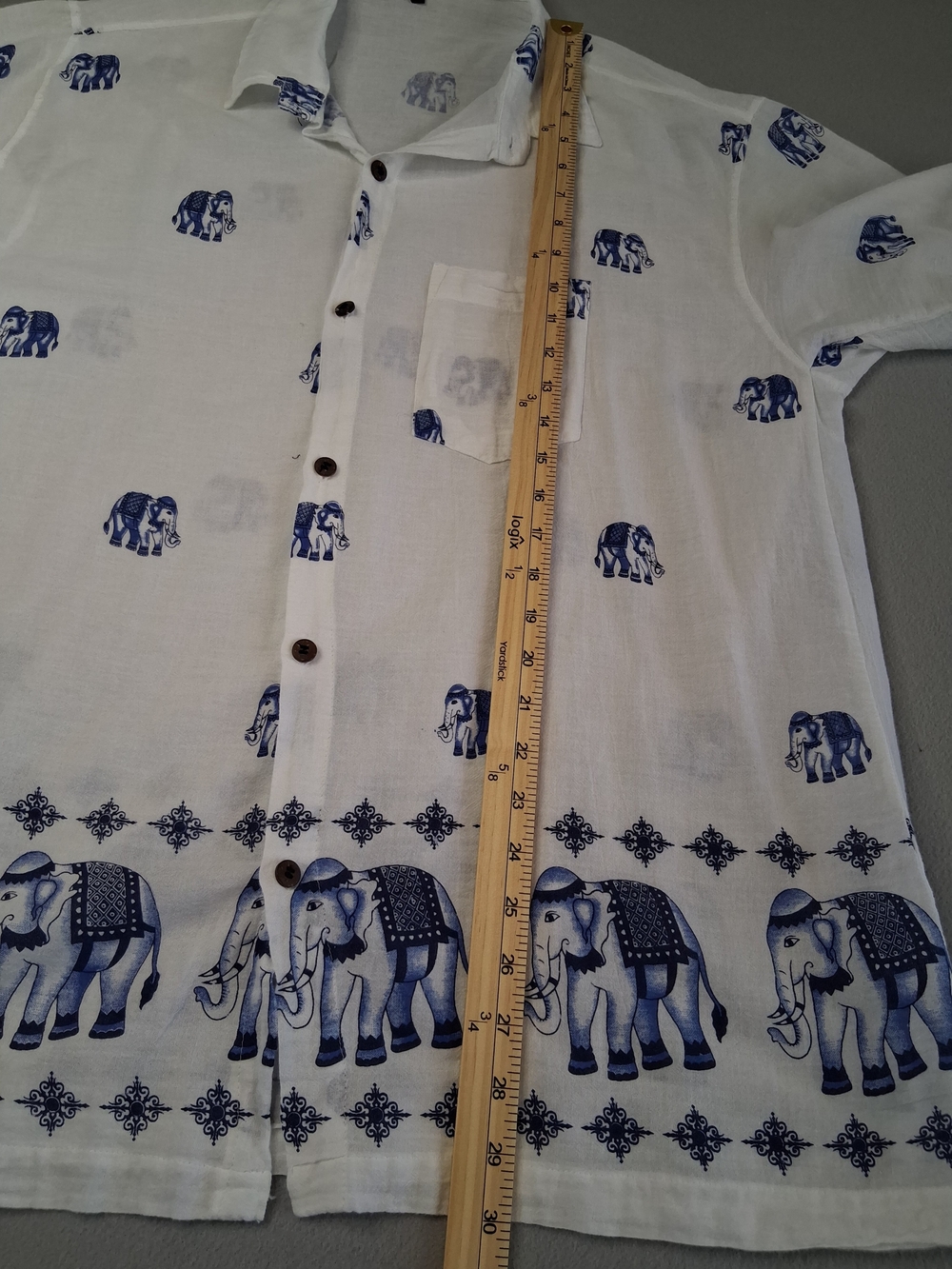 Blue Elephant Print Button Up Shirt XXL Boho Beach Resort Lightweight / Gauzy - Picture 6 of 8